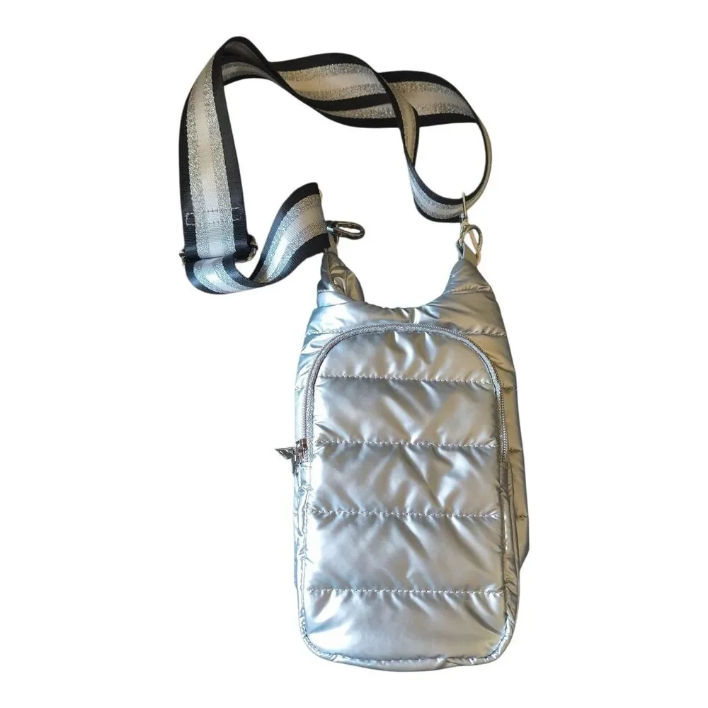WanderFull Quilted Nylon Water Bottle Crossbody Bag Silver Puffer Style